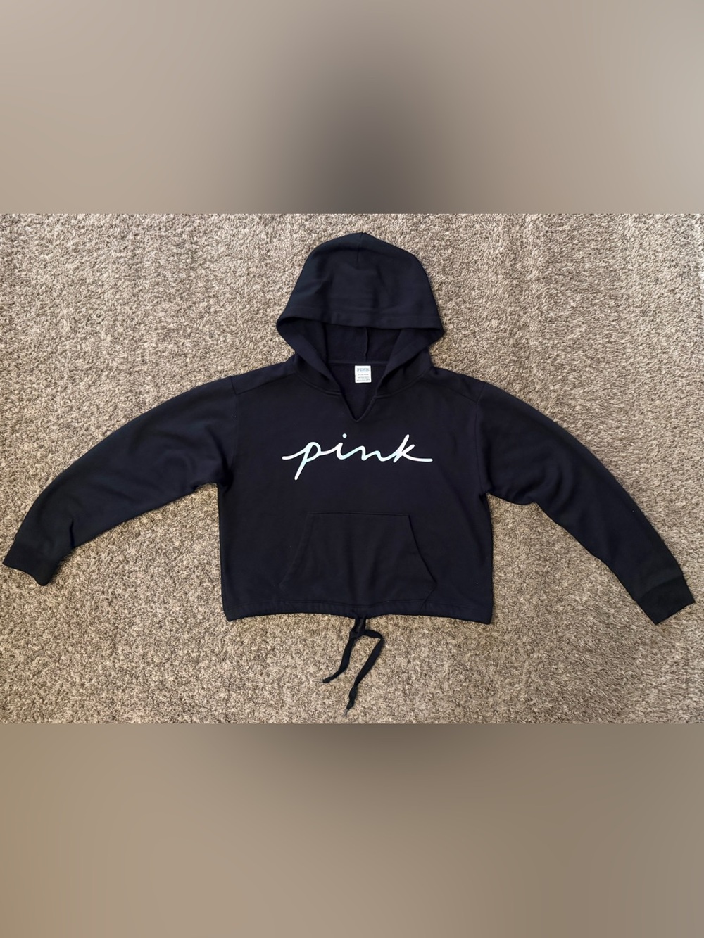 PINK Victoria's Secret Black Cropped Hoodie with Script Logo